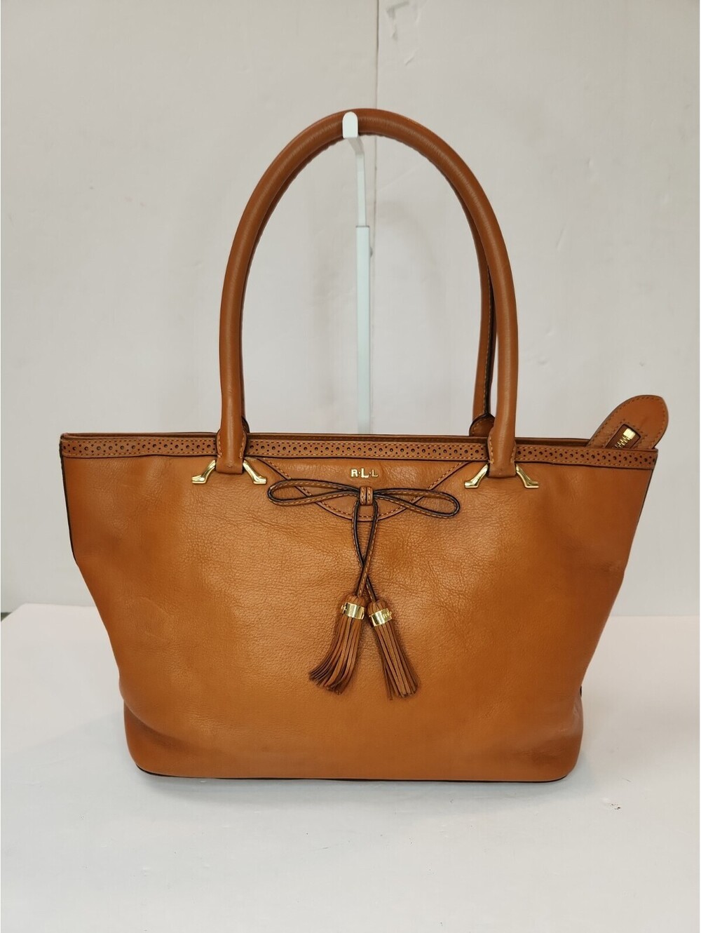 RARE!! Ralph Lauren LRL leather Satchel Bag English Tan Tassel Bow Tooled Purse